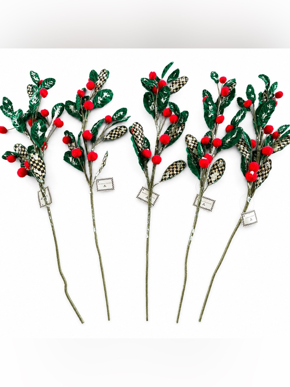 MacKenzie-Childs Cozy Christmas Mistletoe Spray Stem Courtly Check 5pc Picks 24"